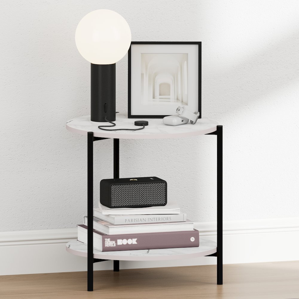 BESI Night Stand, 2-Tier Wide Round, Side Table, Marble White. Picture 2