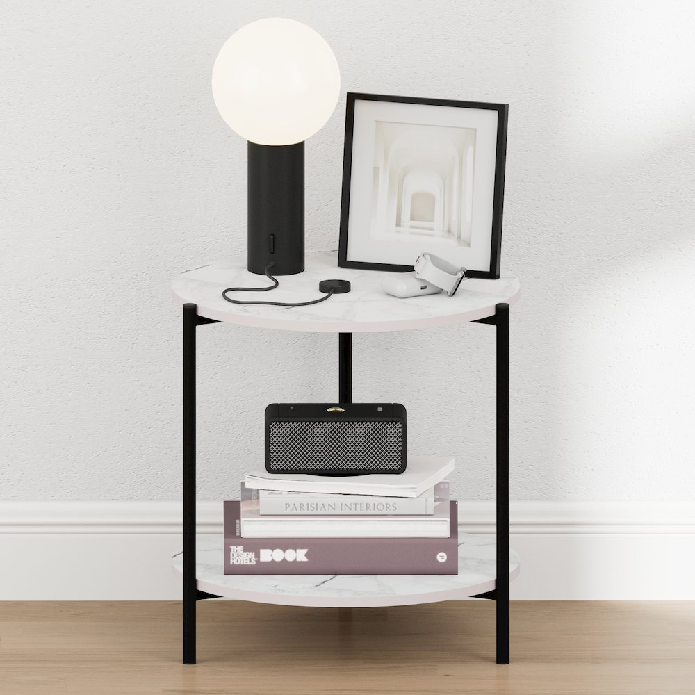 BESI Night Stand, 2-Tier Wide Round, Side Table, Marble White. Picture 5