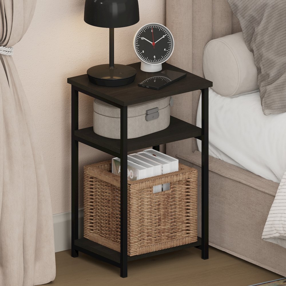 JUST Night Stand, 3-Tier Metal Frame End Table with Open Shelf, Espresso. Picture 4