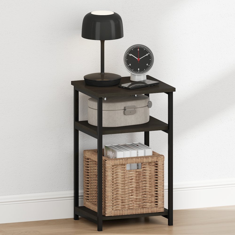 JUST Night Stand, 3-Tier Metal Frame End Table with Open Shelf, Espresso. Picture 2