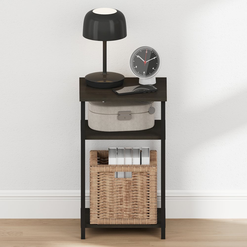 JUST Night Stand, 3-Tier Metal Frame End Table with Open Shelf, Espresso. Picture 6