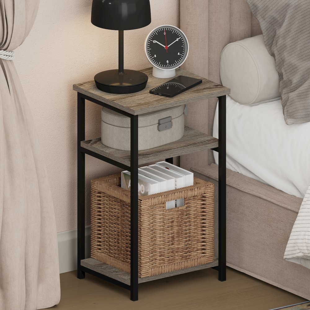 JUST Night Stand, 3-Tier Metal Frame End Table with Open Shelf, French Oak. Picture 4