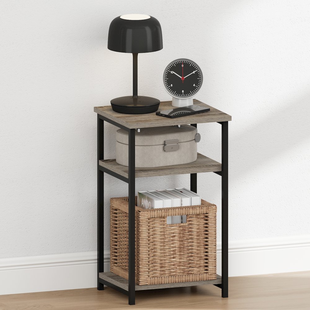 JUST Night Stand, 3-Tier Metal Frame End Table with Open Shelf, French Oak. Picture 2