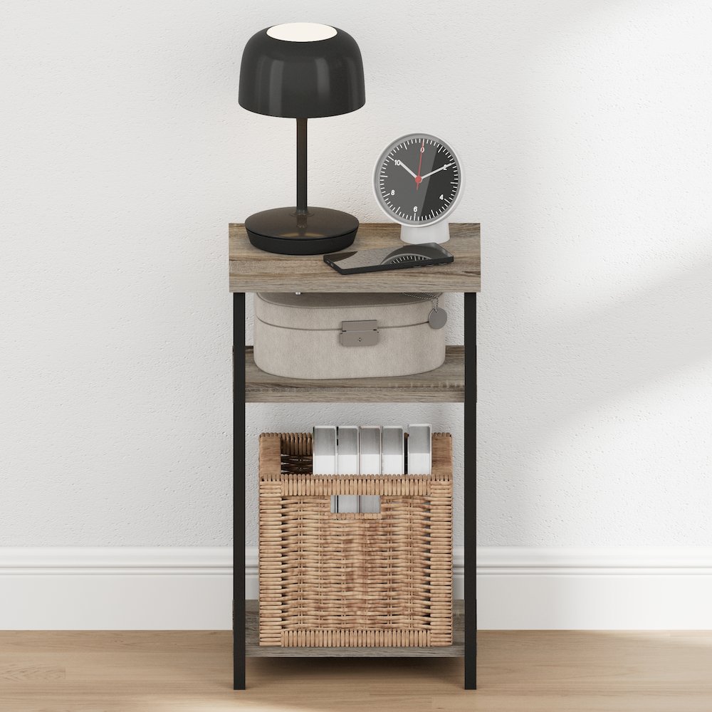 JUST Night Stand, 3-Tier Metal Frame End Table with Open Shelf, French Oak. Picture 6