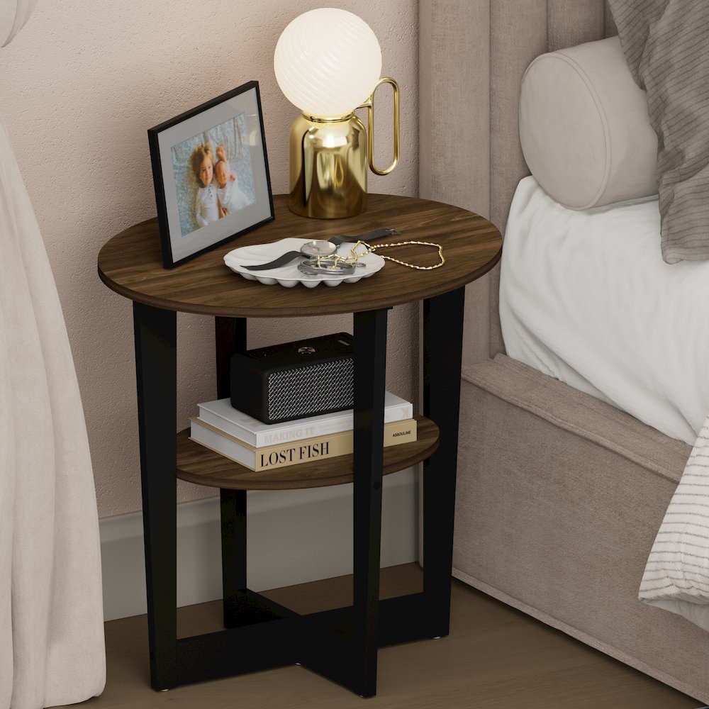 TIDUR Night Stand, 2-Tier Oval, Open Shelf Bedside Table, Columbia Walnut. Picture 2