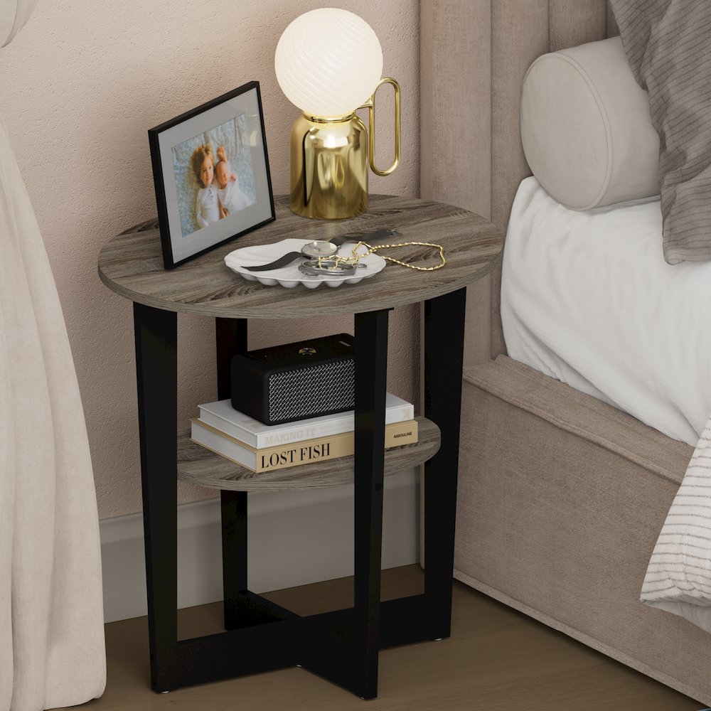 TIDUR Night Stand, 2-Tier Oval, Open Shelf Bedside Table, French Oak. Picture 2