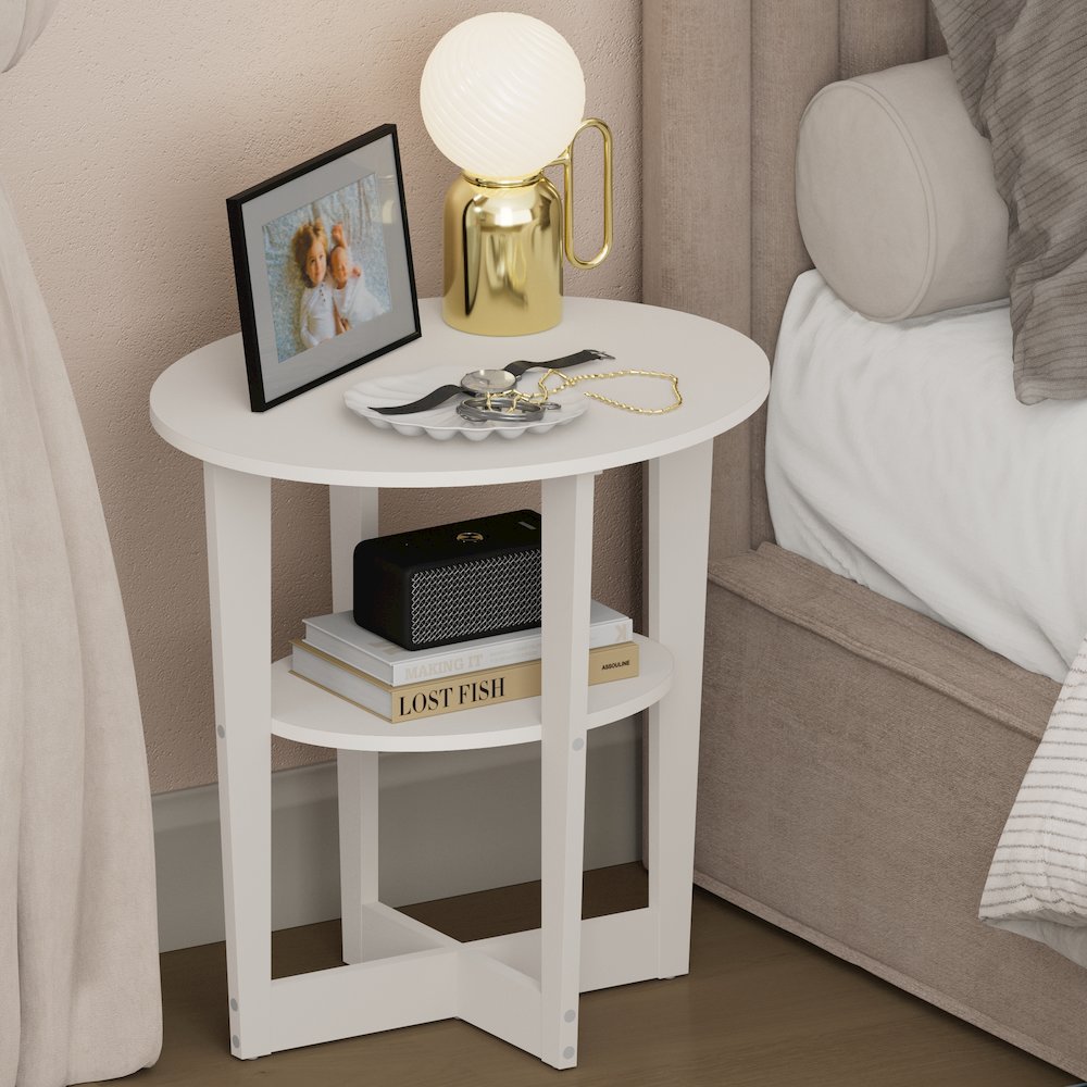 TIDUR Night Stand, 2-Tier Oval, Open Shelf Bedside Table, White. Picture 2