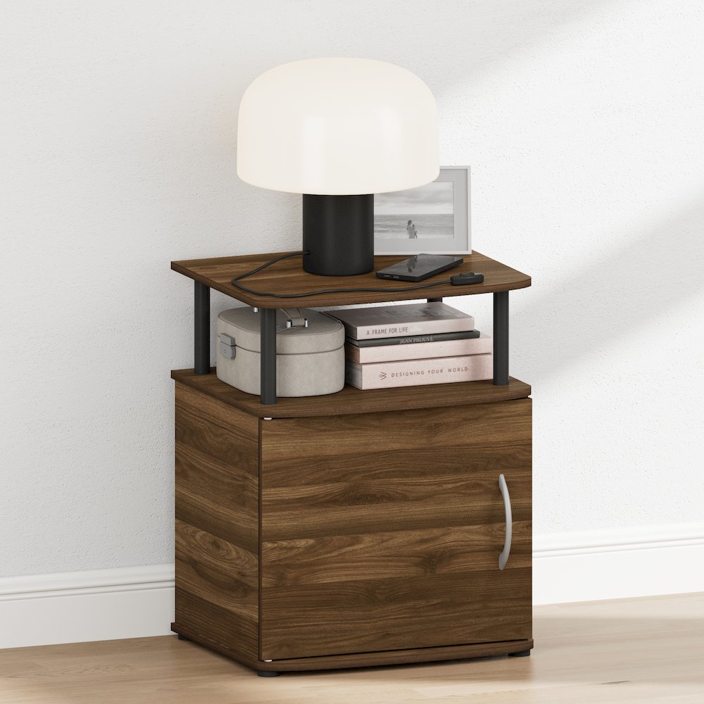 JAYA Night Stand with Door, Nightstand, Round Corner Bedside Table, Amber Pine. Picture 1