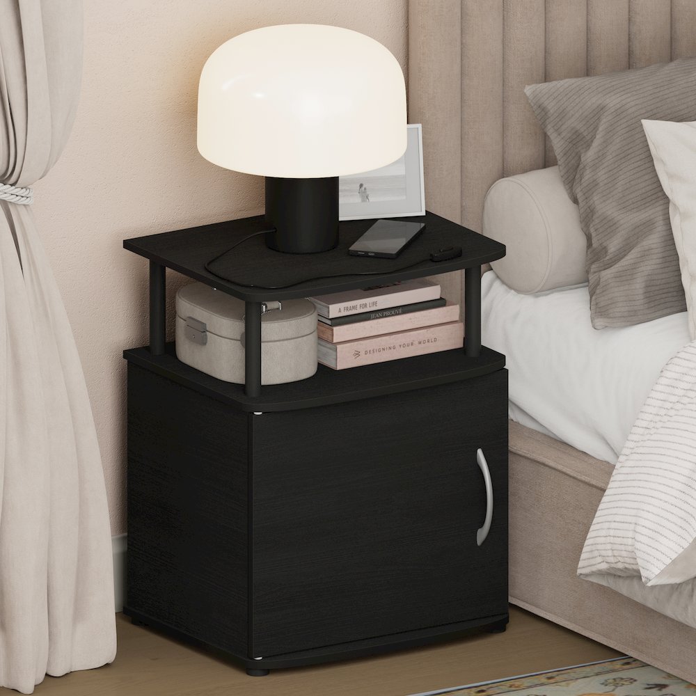 JAYA Night Stand with Door, Nightstand, Round Corner Bedside Table, Black. Picture 2