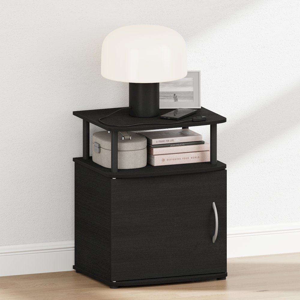 JAYA Night Stand with Door, Nightstand, Round Corner Bedside Table, Black. Picture 1