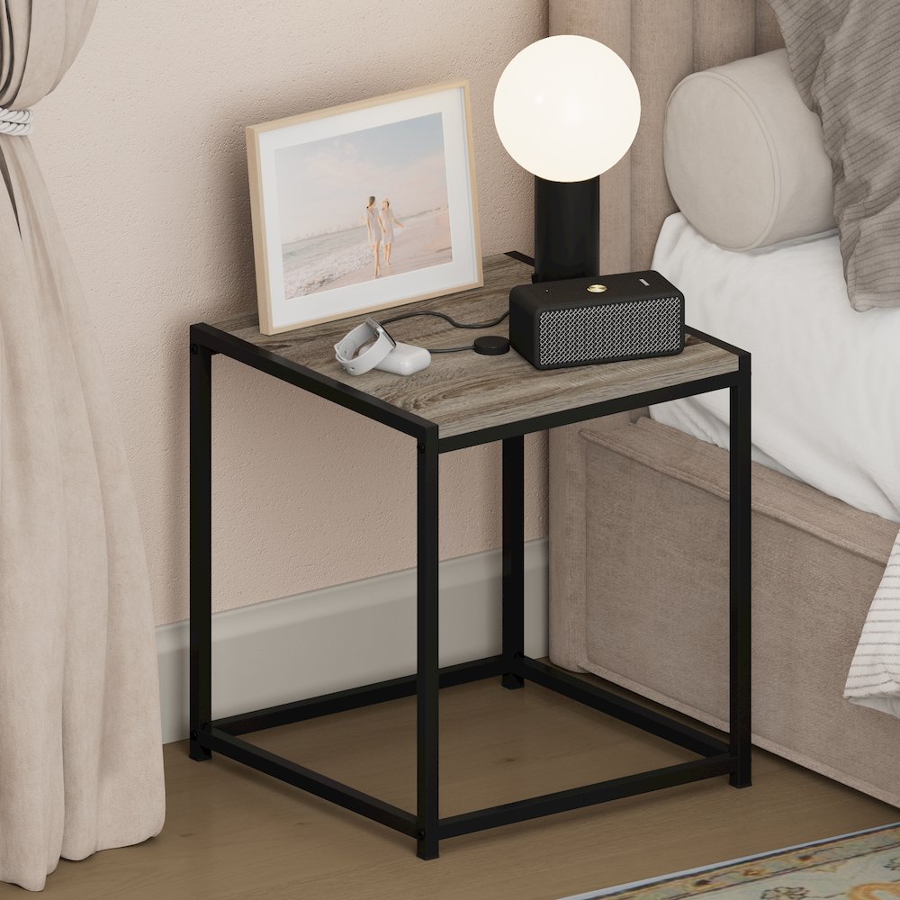 CAMNUS Night Stand, Metal Frame Nightstand, French Oak Grey. Picture 4