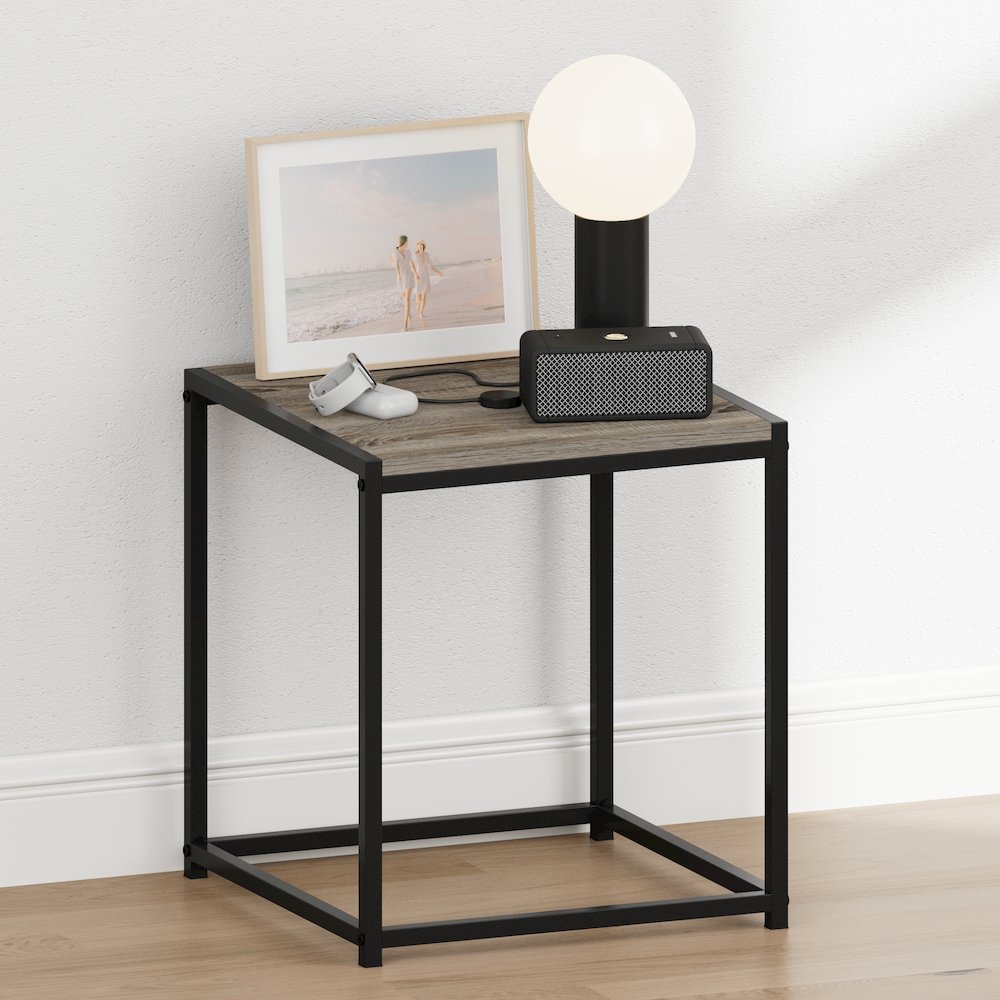CAMNUS Night Stand, Metal Frame Nightstand, French Oak Grey. Picture 2