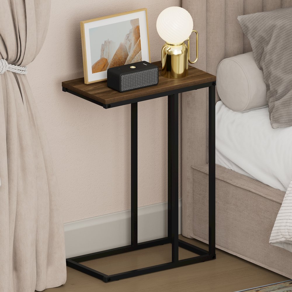 CAMNUS Night Stand, C-shape Nightstand, Metal Frame Side Table, Columbia Walnut. Picture 3