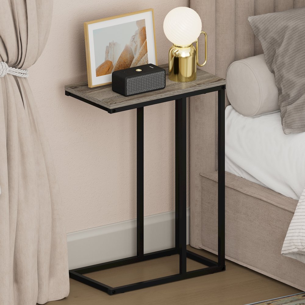 CAMNUS Night Stand, C-shape Nightstand, Metal Frame Side Table, French Oak Grey. Picture 3
