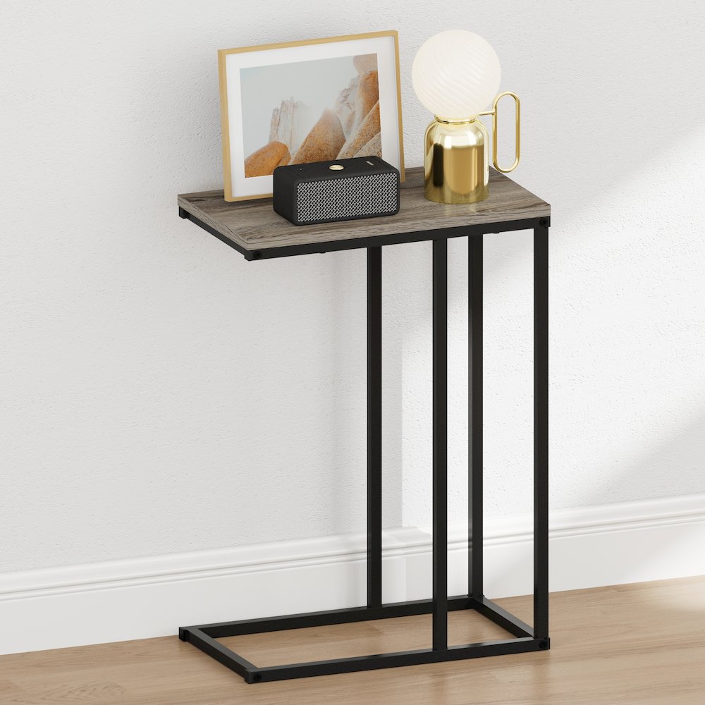 CAMNUS Night Stand, C-shape Nightstand, Metal Frame Side Table, French Oak Grey. Picture 2