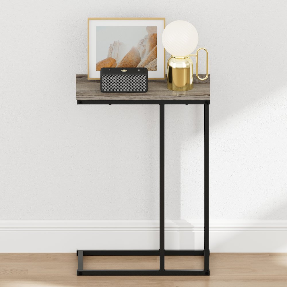 CAMNUS Night Stand, C-shape Nightstand, Metal Frame Side Table, French Oak Grey. Picture 5
