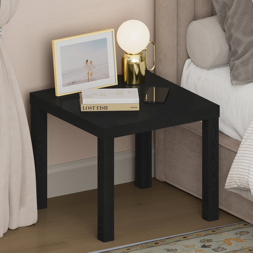 CLASSIC Night Stand, Square Nightstand, Thick Frame 4-leg Side Table, Black. Picture 2