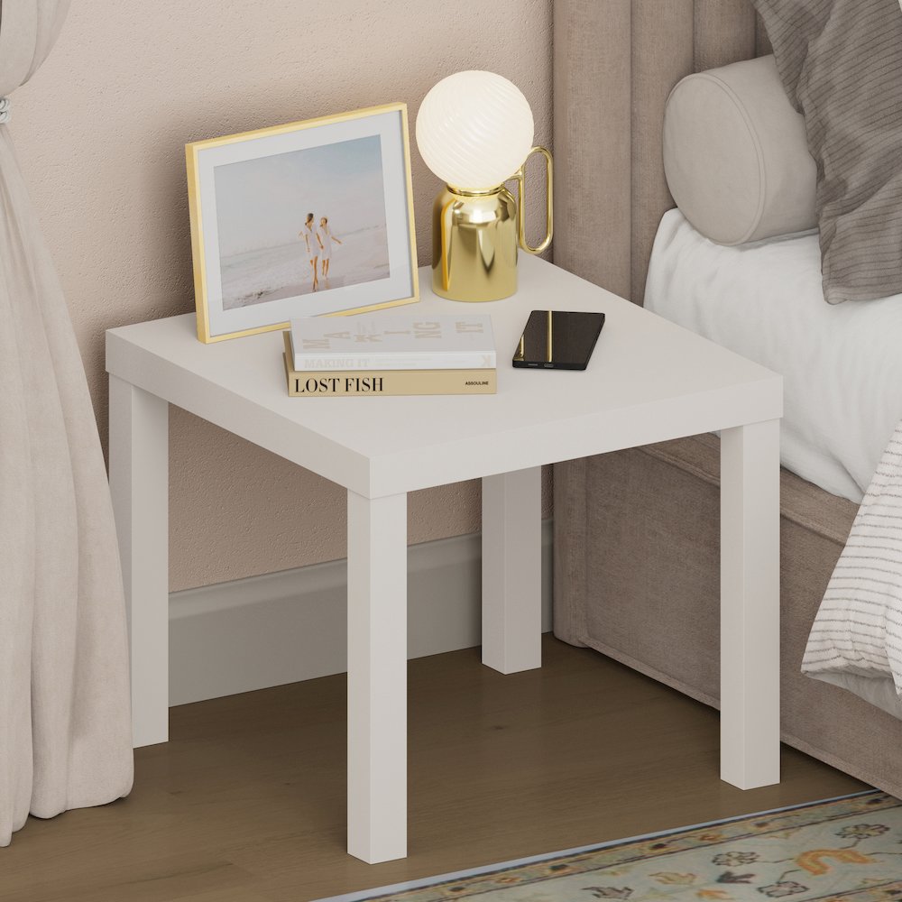 CLASSIC Night Stand, Square Nightstand, Thick Frame 4-leg Side Table, White. Picture 2