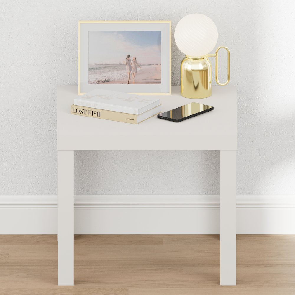 CLASSIC Night Stand, Square Nightstand, Thick Frame 4-leg Side Table, White. Picture 4