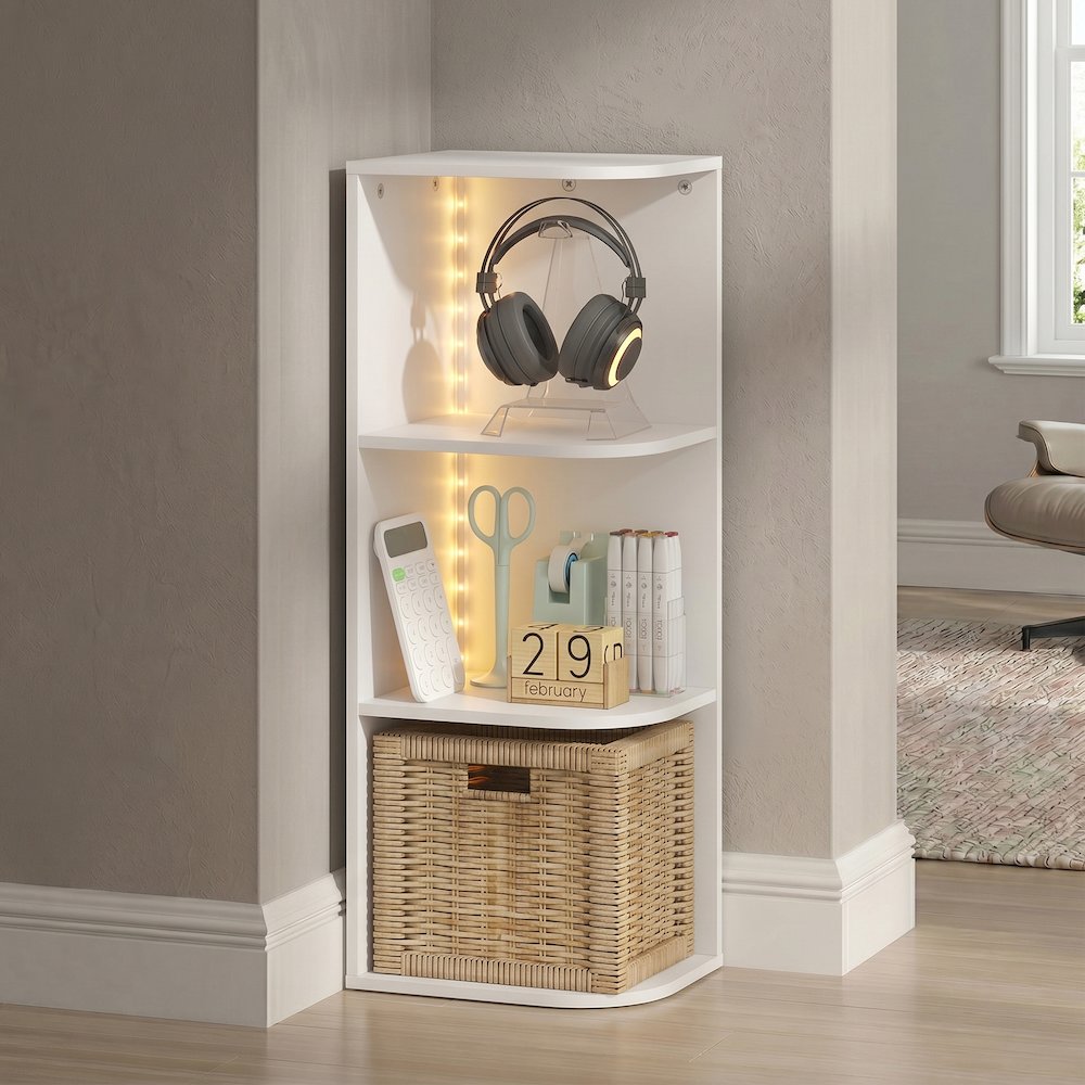 PASIR Book Shelf with LED Lights, 3-Tier Corner LED Bookshelf, White. Picture 2