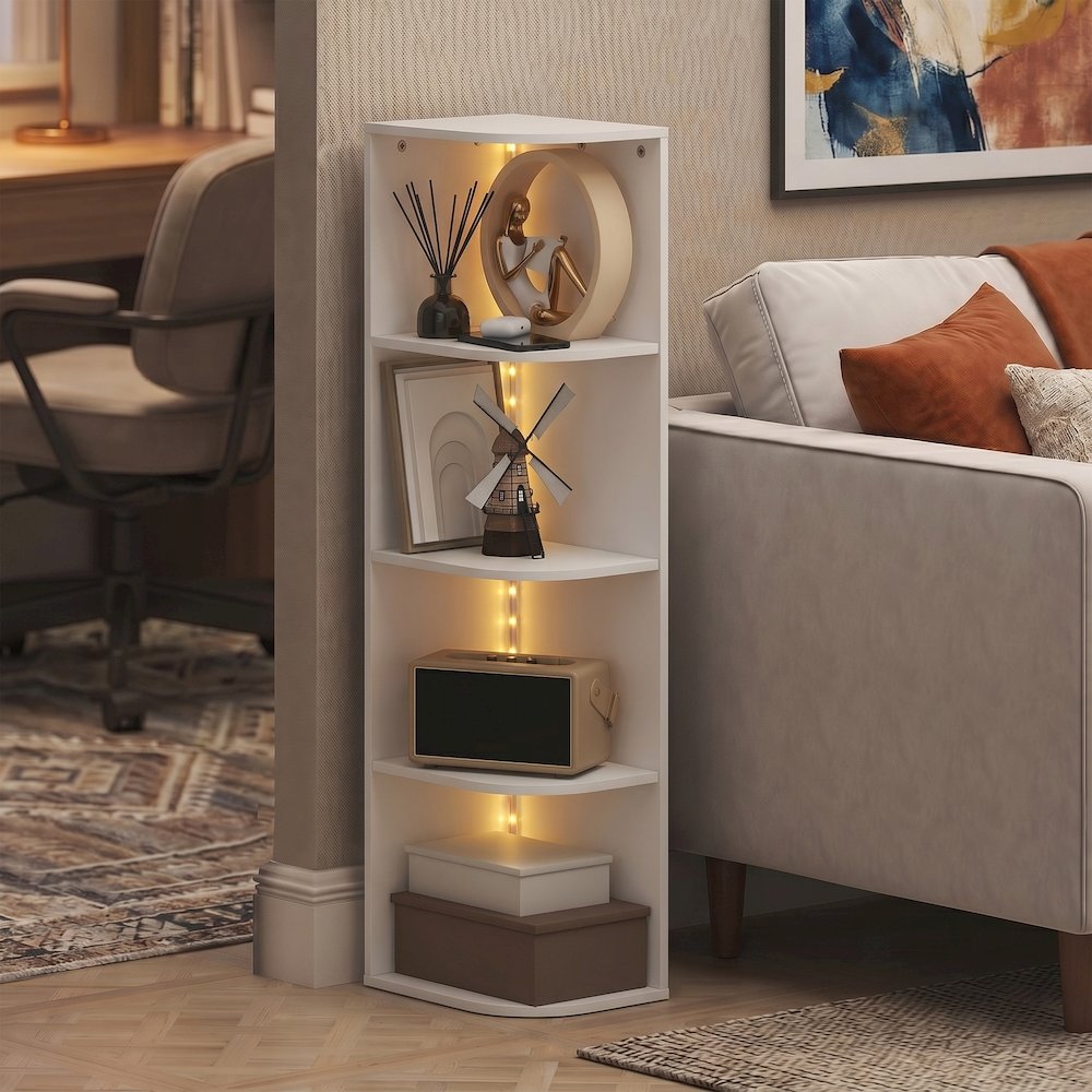 PASIR Book Shelf with LED Lights, 4-Tier LED, Open Corner Shelf Bookcase, White. Picture 4