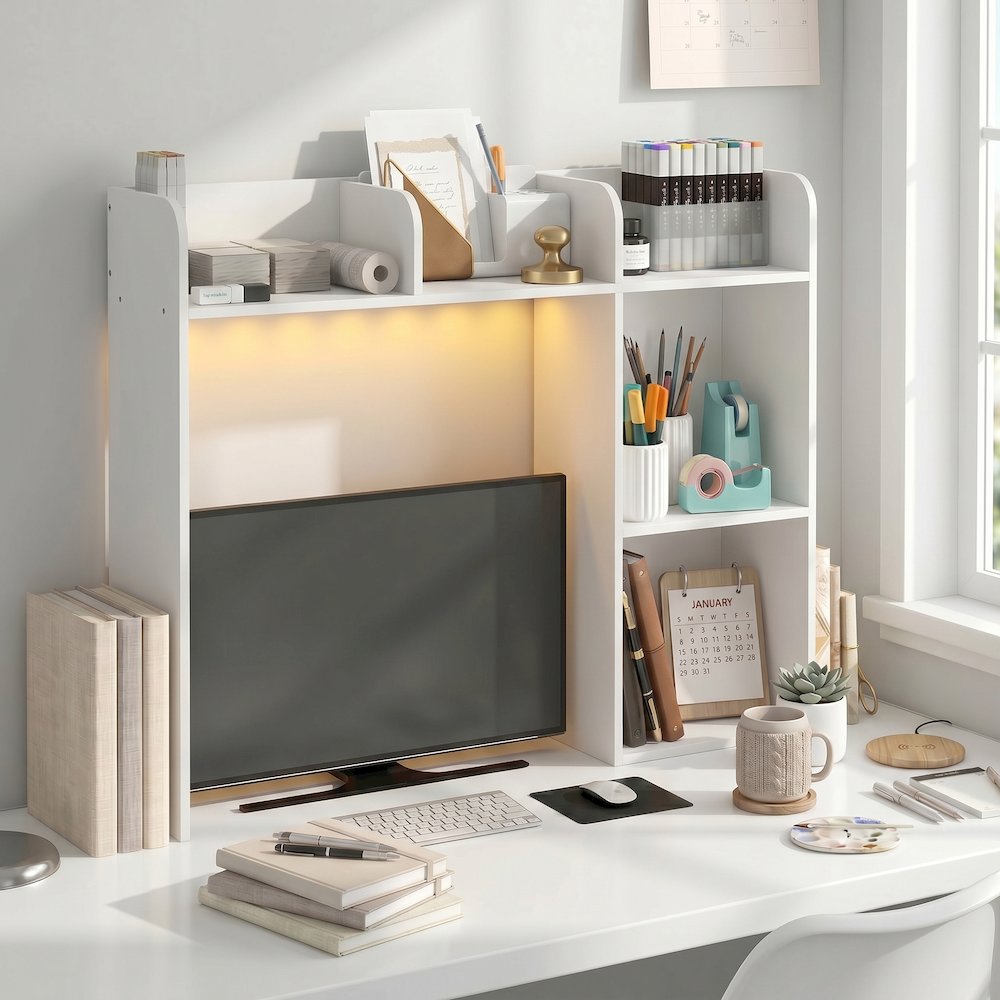 CLASSIC Desk Shelf with LED Lights, 5-Shelf LED Desktop Hutch, White. Picture 4