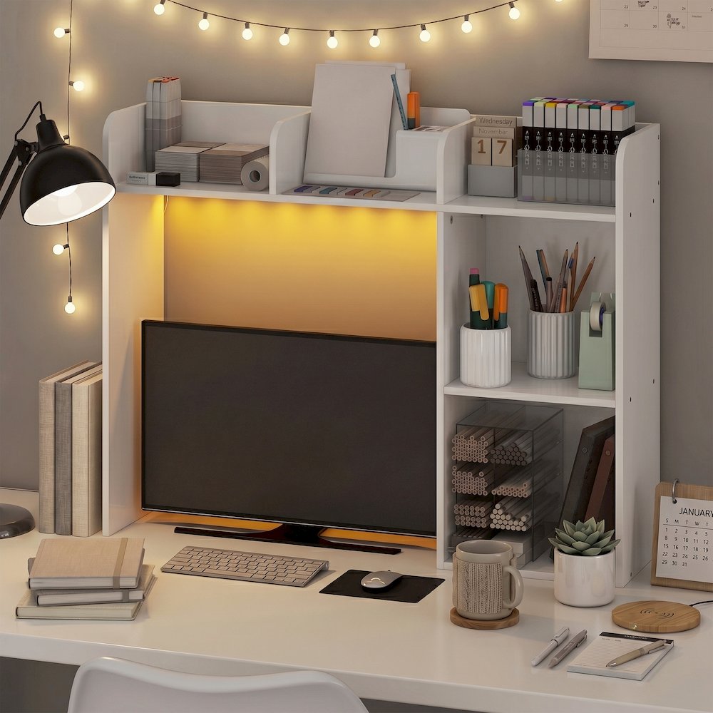 CLASSIC Desk Shelf with LED Lights, 5-Shelf LED Desktop Hutch, White. Picture 2
