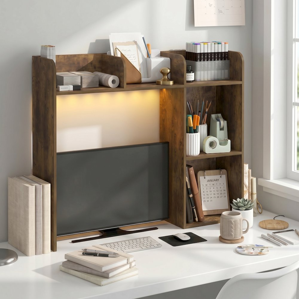 CLASSIC Desk Shelf with LED Lights, 5-Shelf LED Desktop Hutch, Amber Pine. Picture 4