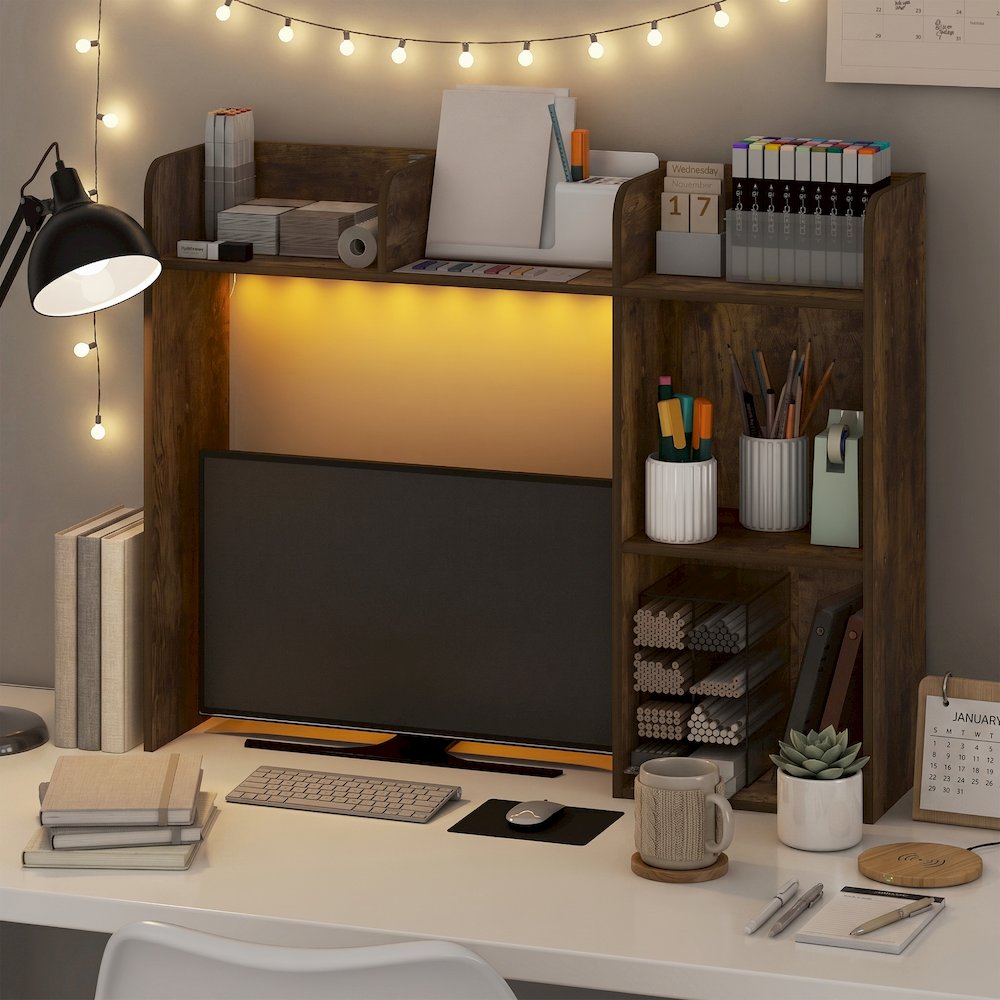 CLASSIC Desk Shelf with LED Lights, 5-Shelf LED Desktop Hutch, Amber Pine. Picture 2