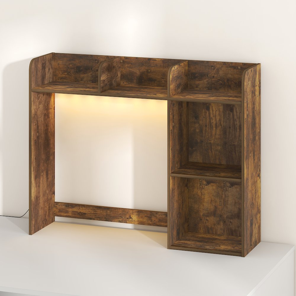 CLASSIC Desk Shelf with LED Lights, 5-Shelf LED Desktop Hutch, Amber Pine. Picture 1