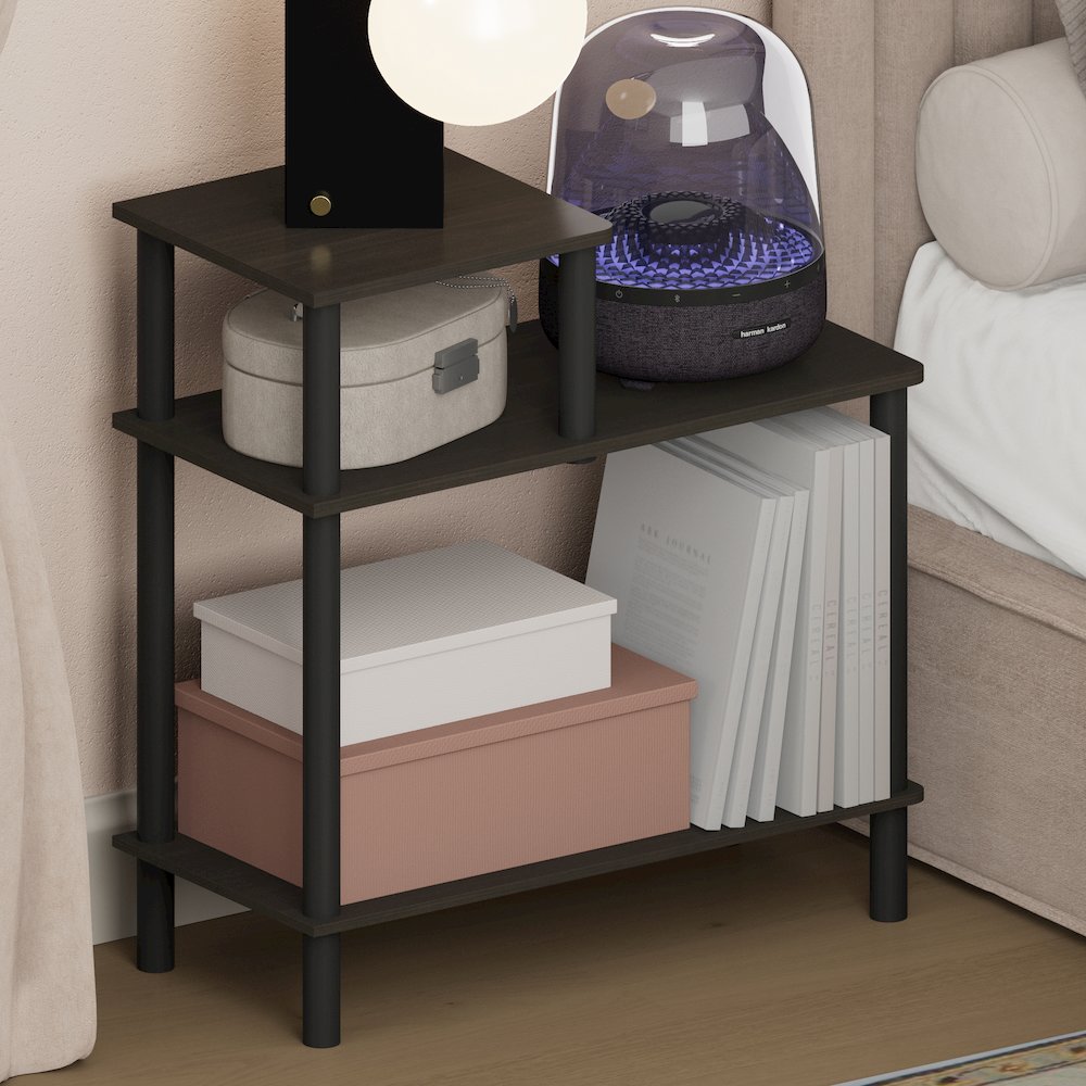 TURN-N-TUBE Night Stand, 3-Tier Rectangle Nightstand with Open Shelf, Espresso. Picture 4