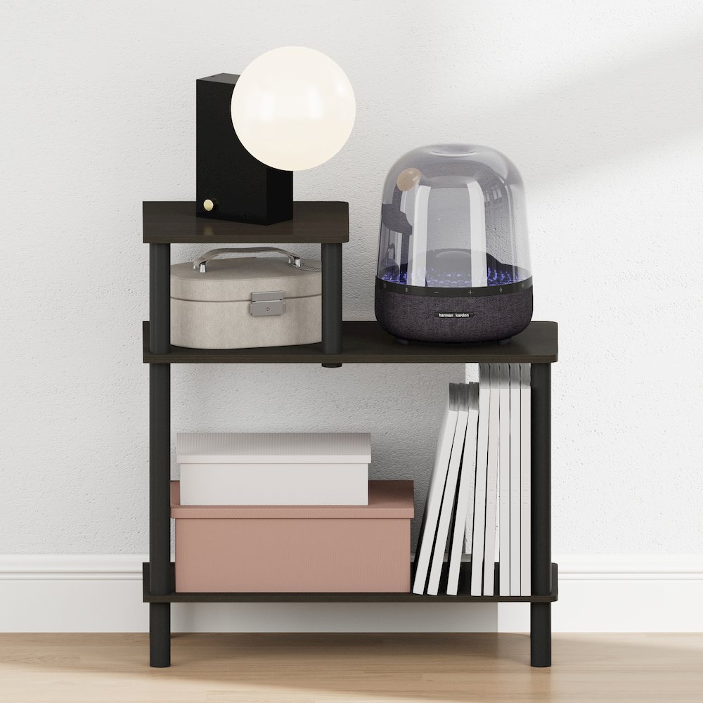 TURN-N-TUBE Night Stand, 3-Tier Rectangle Nightstand with Open Shelf, Espresso. Picture 6