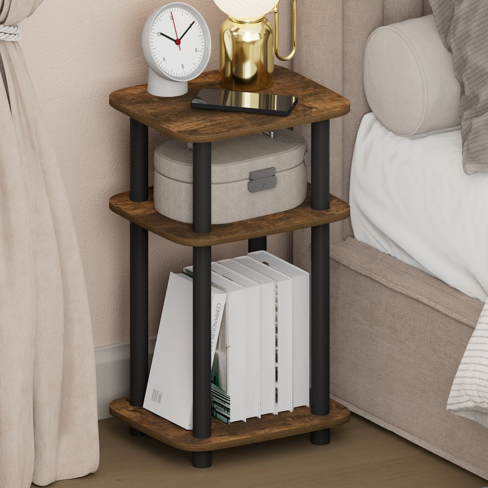 JUST Night Stand, 3-Tier Turn-N-Tube, Round Curve Corner Side Table, Amber Pine. Picture 4