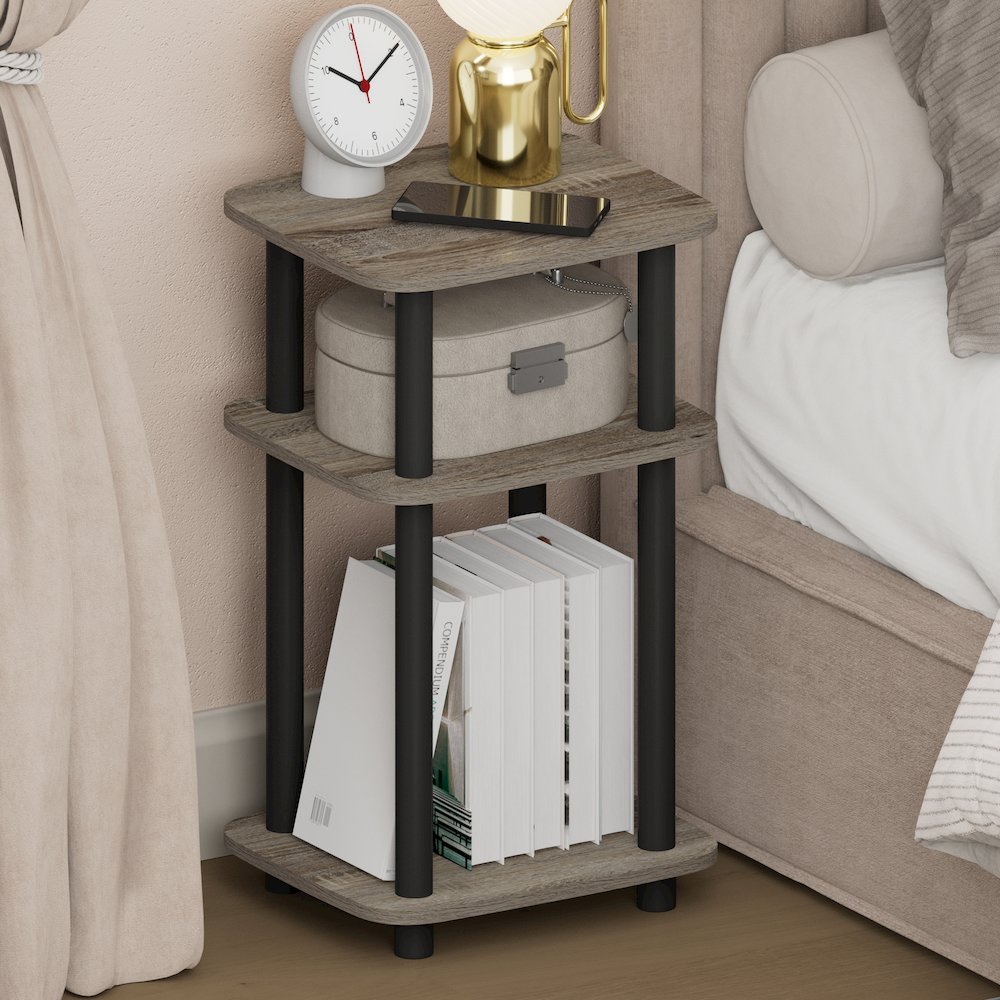 JUST Night Stand, 3-Tier Turn-N-Tube, Round Curve Corner Side Table, French Oak. Picture 4