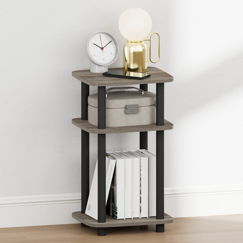 JUST Night Stand, 3-Tier Turn-N-Tube, Round Curve Corner Side Table, French Oak. Picture 2