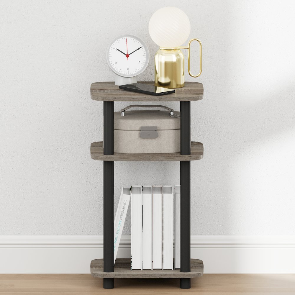 JUST Night Stand, 3-Tier Turn-N-Tube, Round Curve Corner Side Table, French Oak. Picture 6