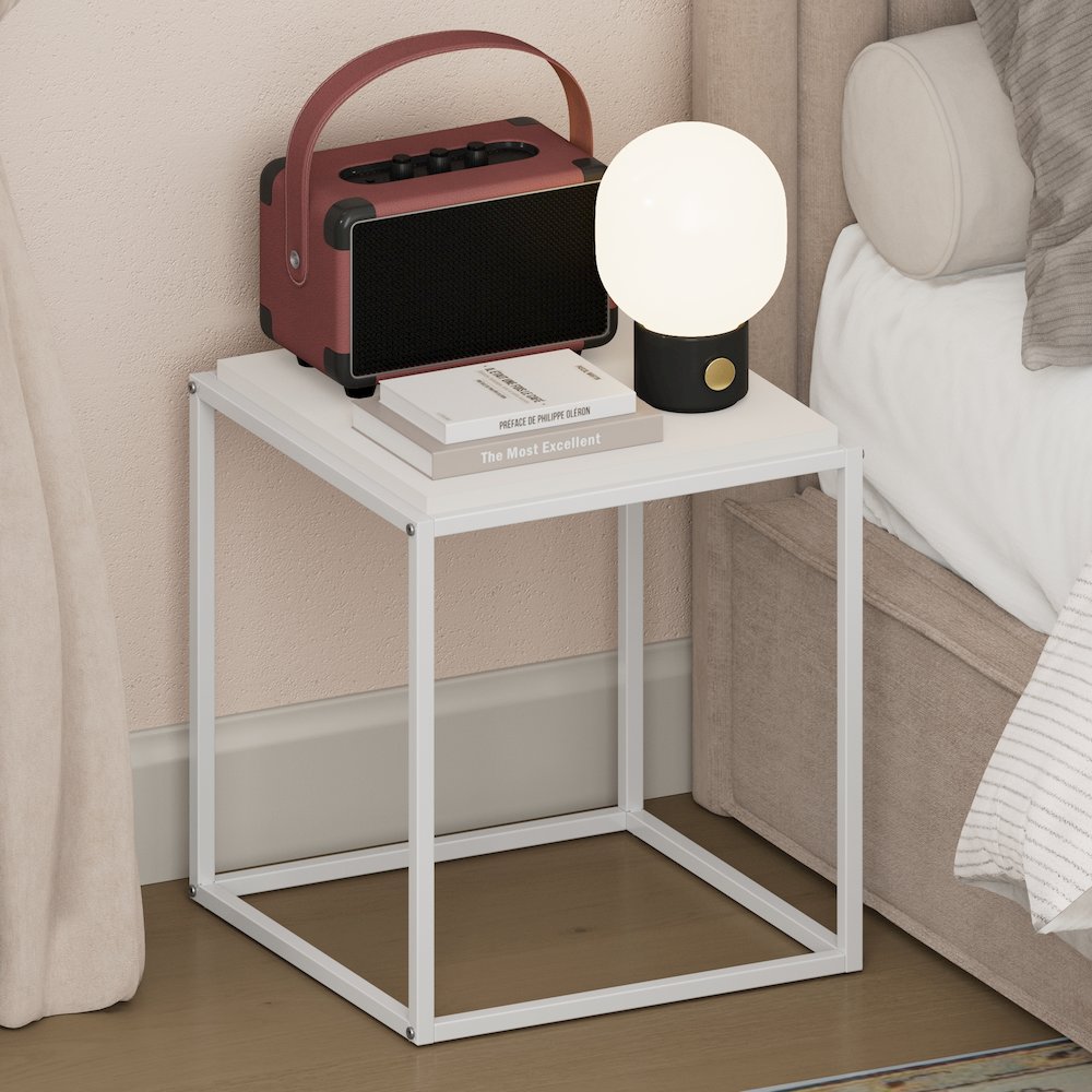 MORETTI Night Stand, 1-Tier Stackable Metal Frame Nightstand, Solid White. Picture 4
