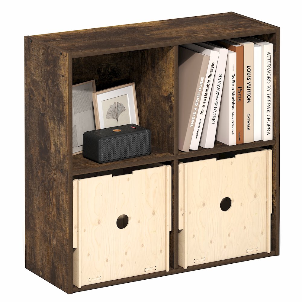 LUDER Book Shelf, 4-Cube Bookshelf, Bookcase with Open Shelves, Amber Pine. Picture 4