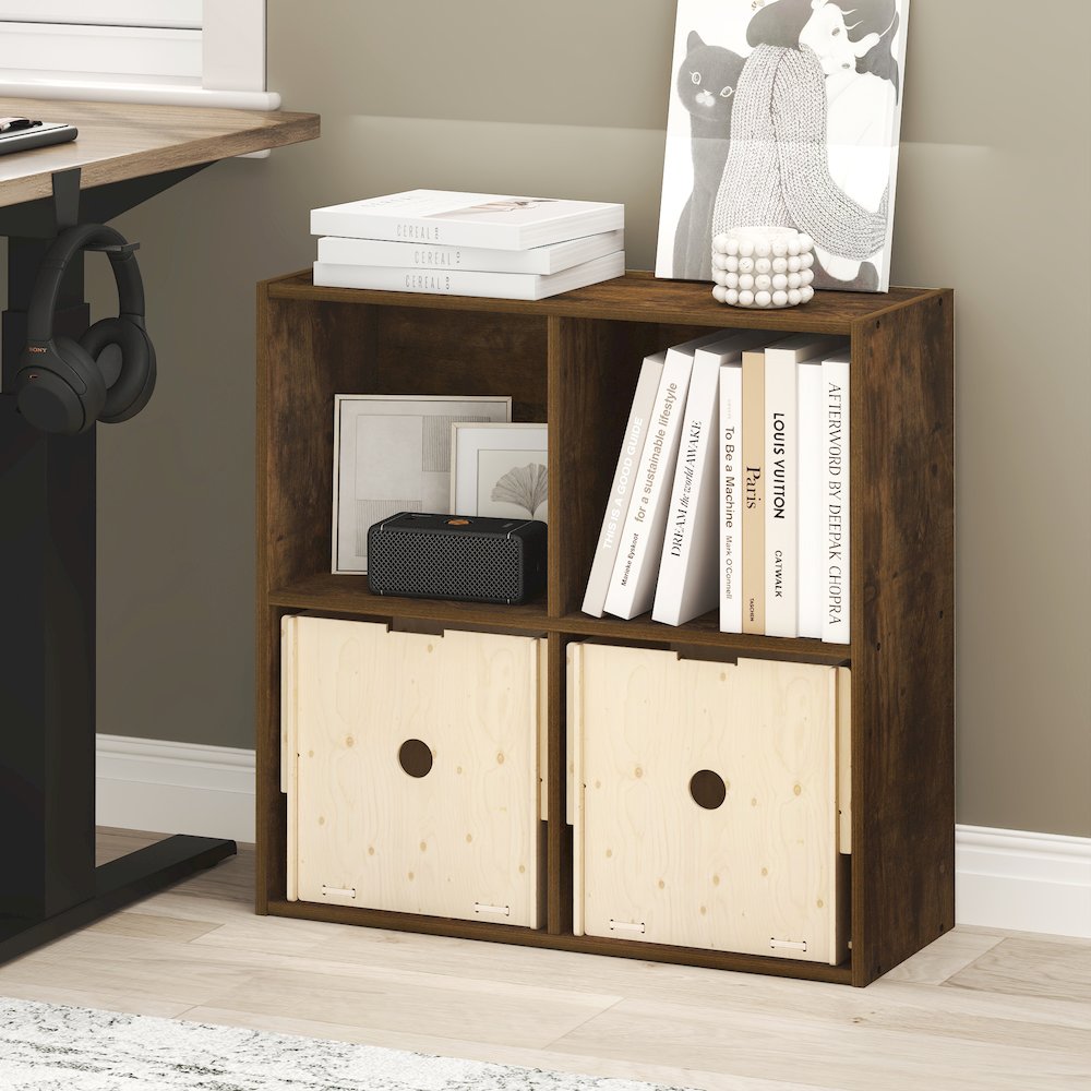 LUDER Book Shelf, 4-Cube Bookshelf, Bookcase with Open Shelves, Amber Pine. Picture 2
