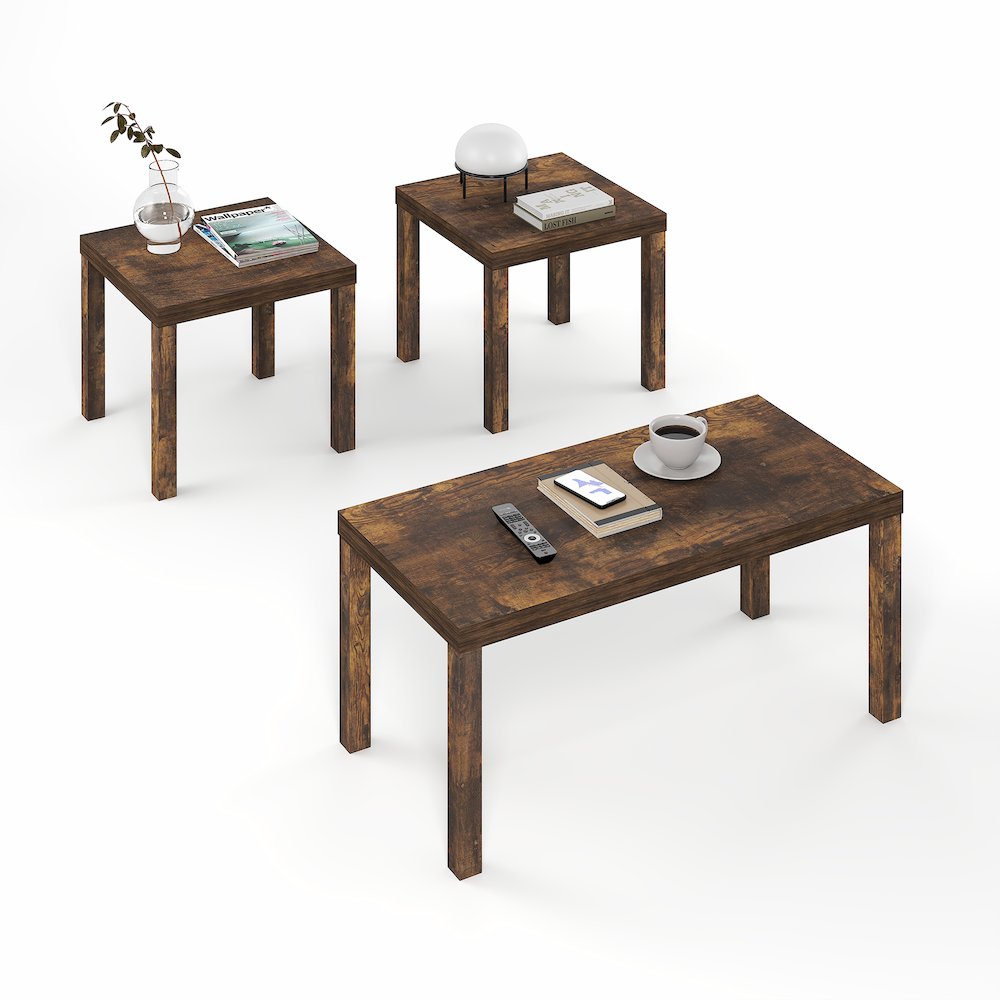 CLASSIC Living Room Table Set of 3, 1.8 Inch Thick Tabletop, Amber Pine. Picture 4