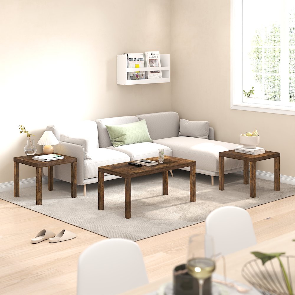 CLASSIC Living Room Table Set of 3, 1.8 Inch Thick Tabletop, Amber Pine. Picture 2