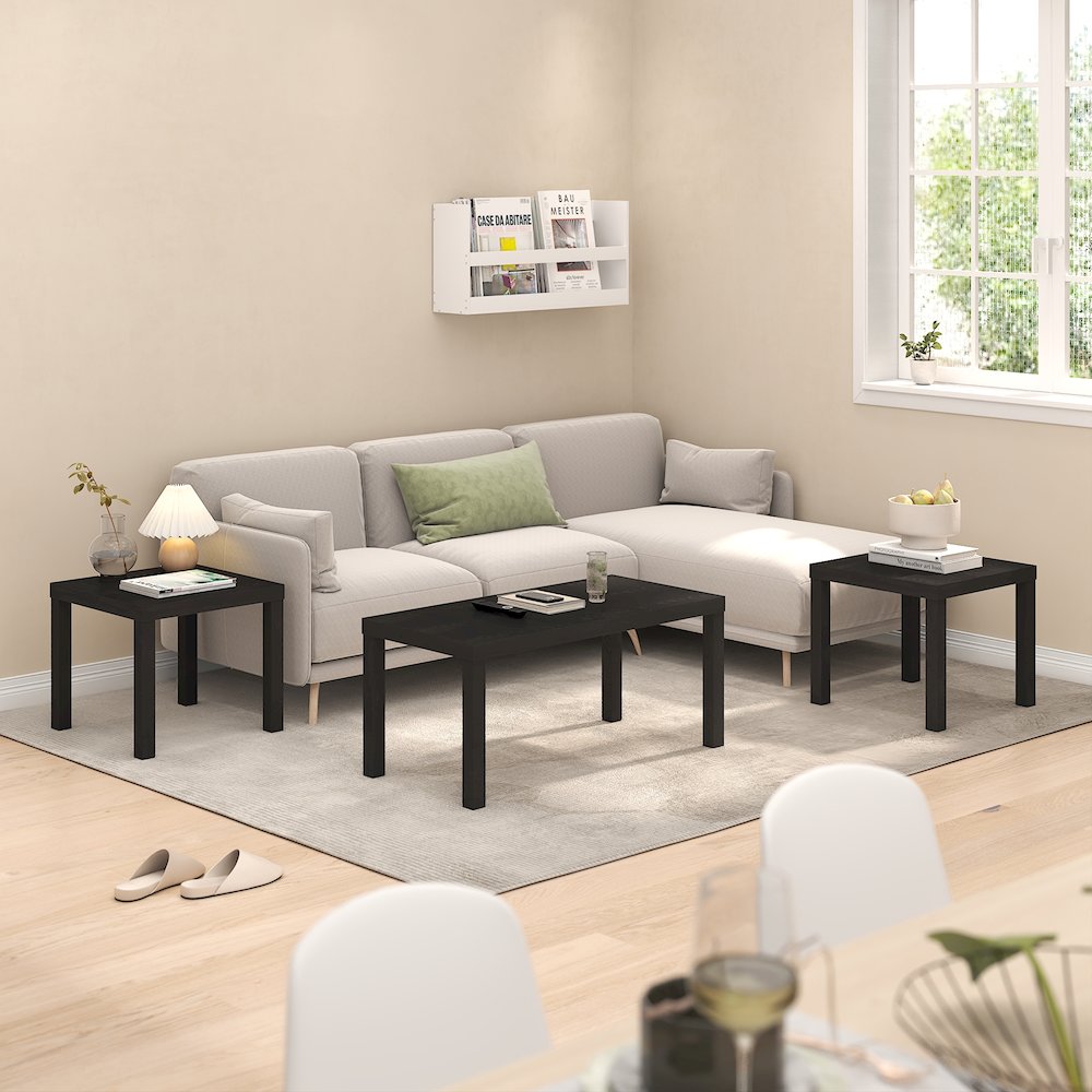 CLASSIC Living Room Table Set of 3, 1.8 Inch Thick Tabletop, Black. Picture 2