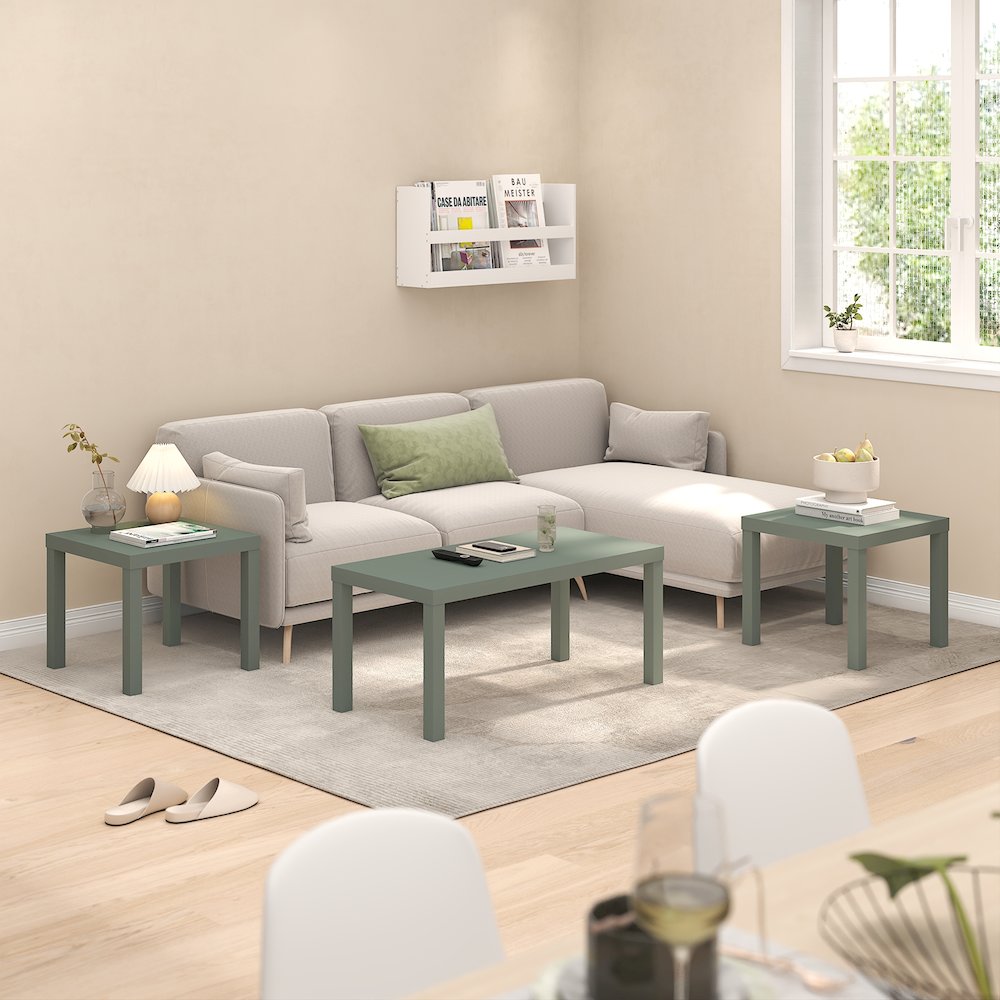 CLASSIC Living Room Table Set of 3, 1.8 Inch Thick Tabletop, Sage Green. Picture 2