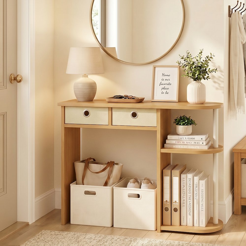 JAYA 32-Inch Oak Entryway Table with 2 Fabric Drawers, Beech. Picture 3