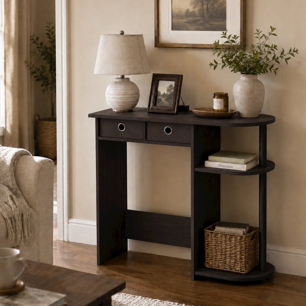 JAYA 32-Inch Black Entryway Table with 2 Fabric Drawers, Dark Walnut. Picture 2