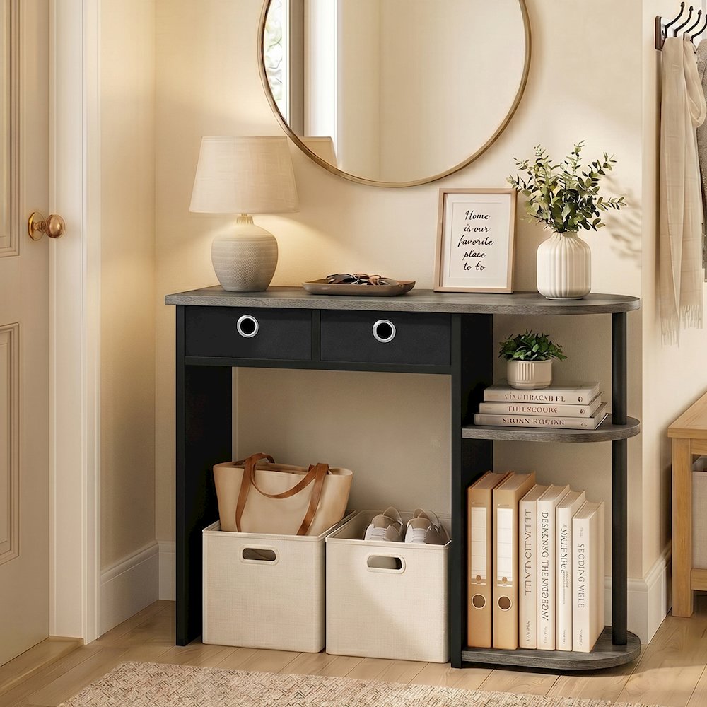 JAYA 32-Inch Grey Entryway Table with 2 Fabric Drawers, French Oak. Picture 2