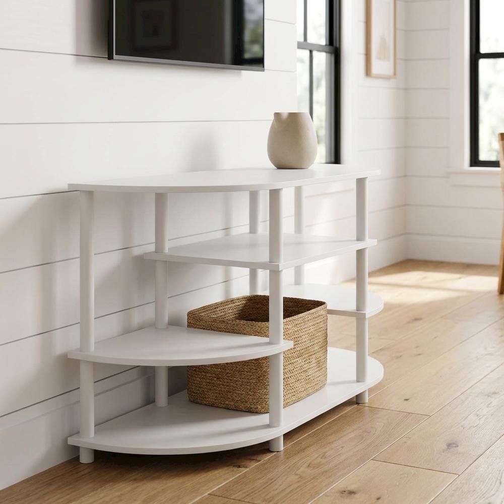 White Corner TV Stand with Solid Rubberwood and Walnut Veneers, Modern Design. Picture 2