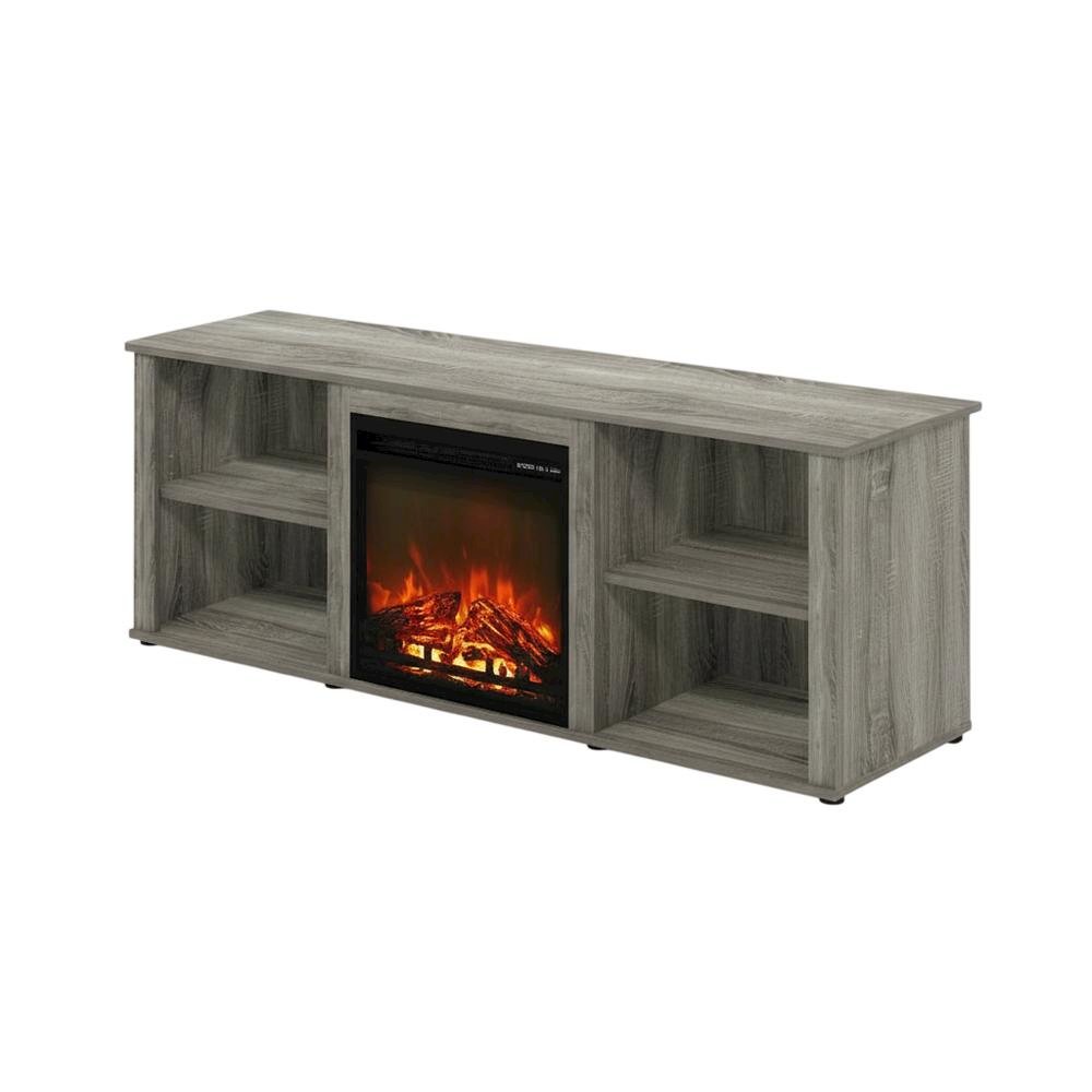 Wood TV Stand with Fireplace and French Oak Grey Finish, Modern Design. Picture 1