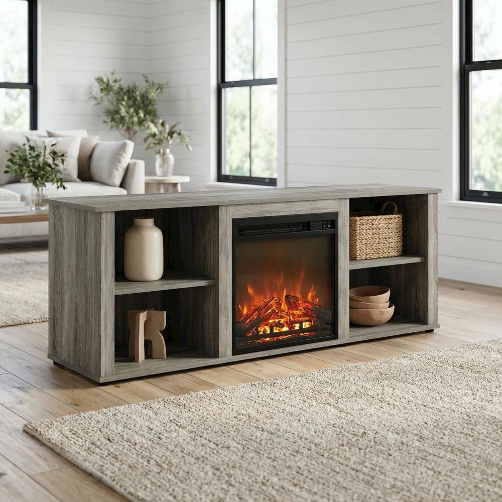 Wood TV Stand with Fireplace and French Oak Grey Finish, Modern Design. Picture 2