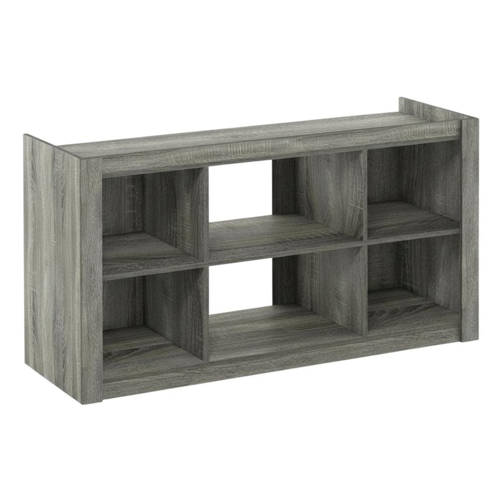 Wooden TV stand, open shelves, storage compartments, French Oak Grey finish. Picture 1